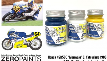 Honda NSR500 "Moriwaki" S. Yatsushiro 1986 Paints - white-blue-yellow 3x30ml - Zero Paints
