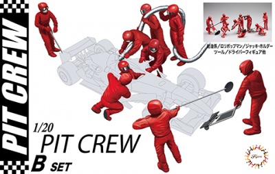 Pit Crew B Set Refueler, Lollipop Man, Jack Holder, Tools & Driver 1/24 - Fujimi