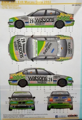 SLEVA 28%(157,-Kč) DISCOUNT- BMW 320i E46 Macau Guia 2002 Team Schubert 1/24 - SK Decals