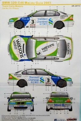 SLEVA 28%(157,-Kč) DISCOUNT- BMW 320i E46 Macau Guia 2003 Team Carly Motors 1/24 - SK Decals